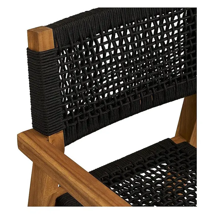 Ebuy24 Gartenstuhl Ane 2er-Set - Akazie, Seil, Metall, Natur, B x T x H: 57 x 60 x 83 cm - Nahaufnahme eines Stuhls mit schwarzer geflochtener Seillehne und Sitzfläche auf einem Holzrahmen.