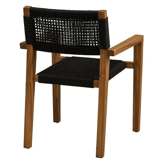 Ebuy24 Gartenstuhl Ane 2er-Set - Akazie, Seil, Metall, Natur, B x T x H: 57 x 60 x 83 cm - Holzstuhl mit rechteckigem Rahmen und Armlehnen, mit einer Sitzfläche und Rückenlehne aus schwarzer gewebter Schnur.