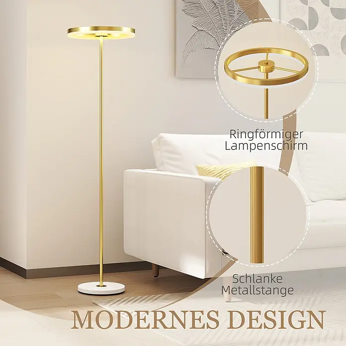 Homcom Stehleuchte - 14 W, Höhe: 157,5 cm, Gold, Gold, E27 - Eine moderne goldene Stehleuchte mit ringförmigem Leuchtschirm und weißem Sockel, in einem Wohnzimmer neben einem weißen Sofa.