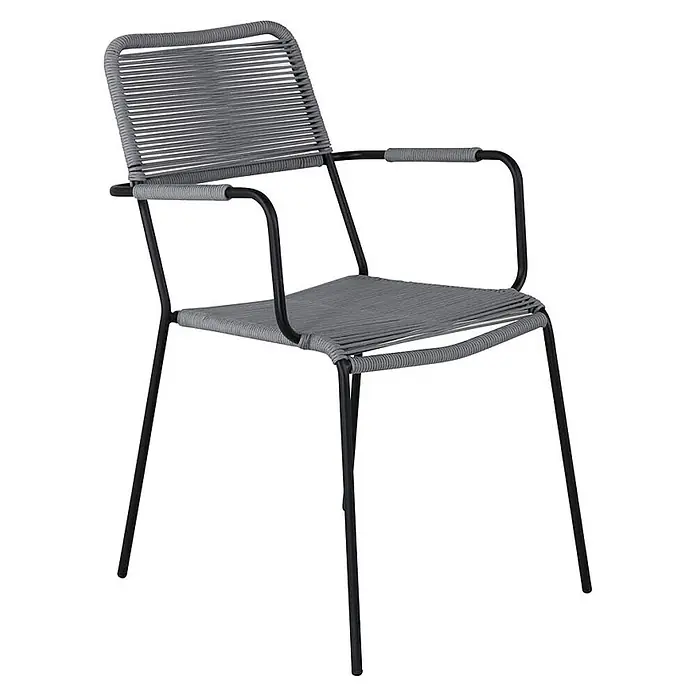 Ebuy24 Gartenstuhl Lindos 4er-Set - 4 Stk., 100 % Polyester (Seil), Stahl, Grau - Grauer Stuhl aus geflochtenem Seil mit schwarzem Metallgestell und Armlehnen.