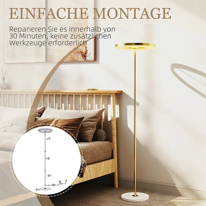 Homcom Stehleuchte - 14 W, Höhe: 157,5 cm, Gold, Gold, E27 - Goldene Stehlampe mit weißem Sockel, beleuchtet ein Schlafzimmer. Eine Montageanleitung hebt die einfache Einrichtung hervor.