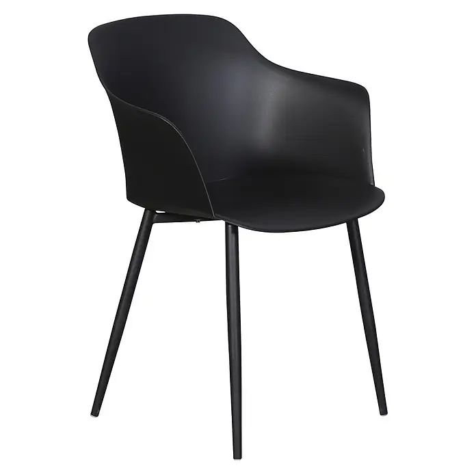 Ebuy24 Gartenstuhl Gira 2er-Set - Metall, Kunststoff, Schwarz, B x T x H: 59 x 52 x 82 cm - Schwarzer, moderner Stuhl mit geschwungener Sitzschale, Armlehnen und konischen Beinen.