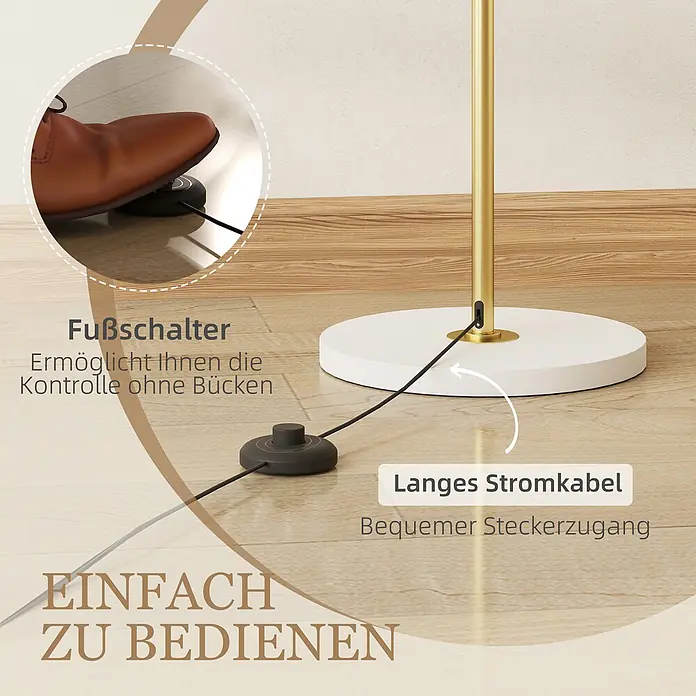 Homcom Stehleuchte - 14 W, Höhe: 157,5 cm, Gold, Gold, E27 - Stehlampenfuß mit weißer Scheibe, goldenem Rohr und schwarzem Fußschalter, der von einem Fuß bedient wird. Langes Kabel für bequeme Nutzung.