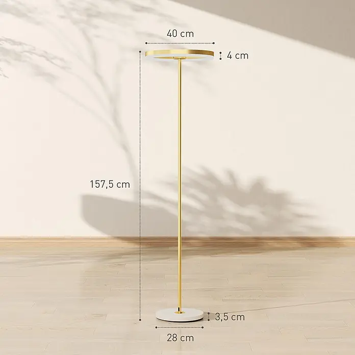 Homcom Stehleuchte - 14 W, Höhe: 157,5 cm, Gold, Gold, E27 - Gold-weiße Stehlampe, 157,5 cm hoch, mit 40 cm Rundlicht und 28 cm rundem Sockel.
