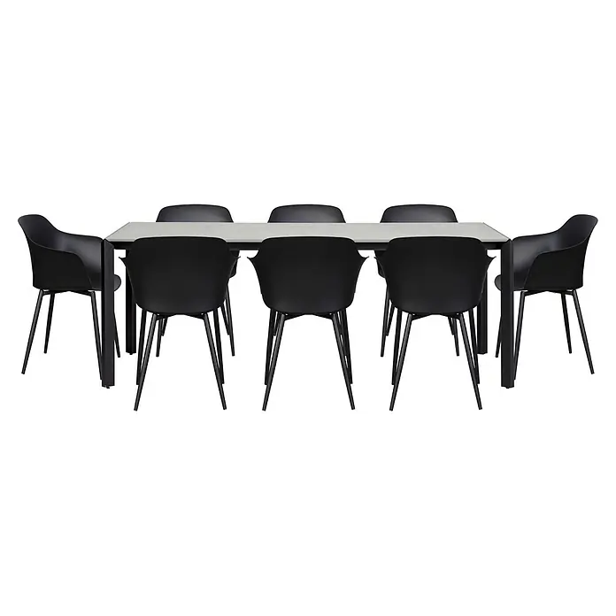 Ebuy24 Gartenstuhl Gira 2er-Set - Metall, Kunststoff, Schwarz, B x T x H: 59 x 52 x 82 cm - Modernes Esszimmer-Set mit rechteckigem hellgrauem Tisch und acht schwarzen Stühlen.