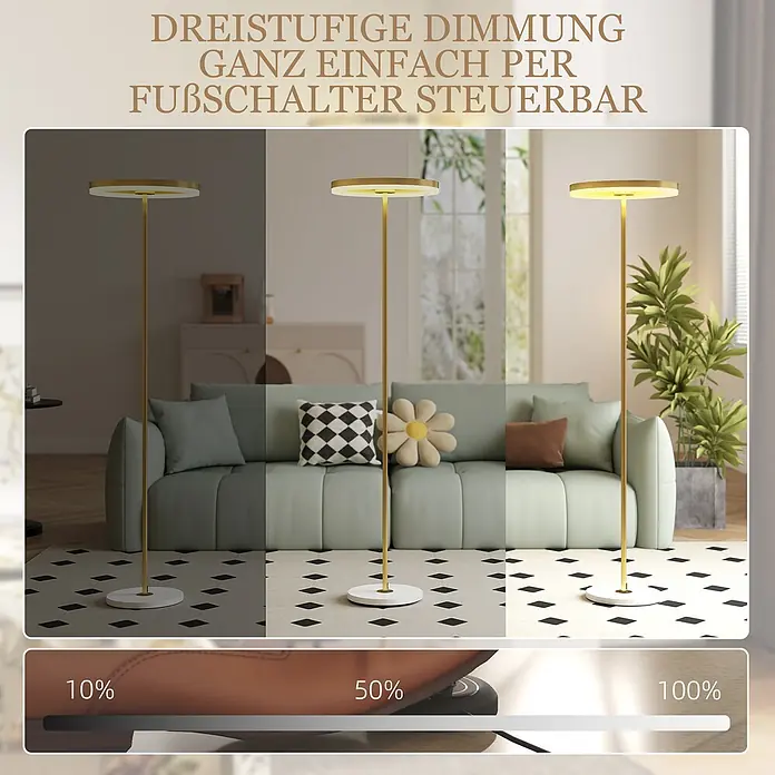 Homcom Stehleuchte - 14 W, Höhe: 157,5 cm, Gold, Gold, E27 - Goldene Stehleuchte mit rundem LED-Kopf, die drei Dimmstufen (10%, 50%, 100%) über einen Fußschalter zeigt.