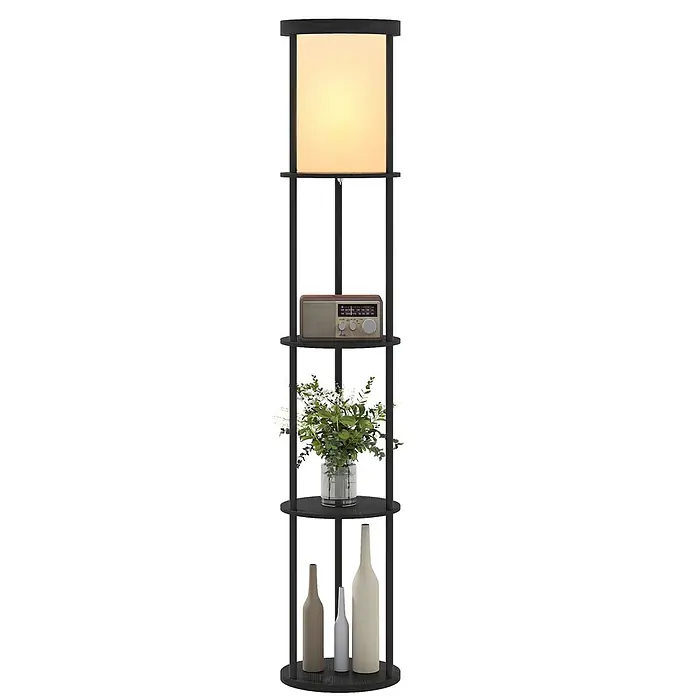 Homcom Stehleuchte - 40 W, Schwarz, Weiß, E27 - Schwarze Stehleuchte mit Regalen, hellem Stoffschirm und Dekoartikeln.