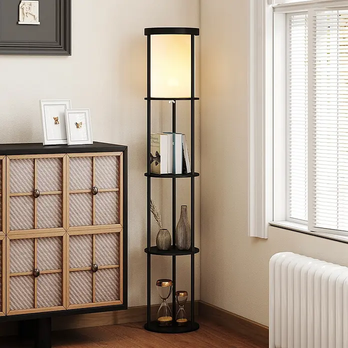 Homcom Stehleuchte - 40 W, Schwarz, Weiß, E27 - Schwarze Stehlampe mit integrierten Regalen und weißem Schirm, die eine Raumecke beleuchtet.