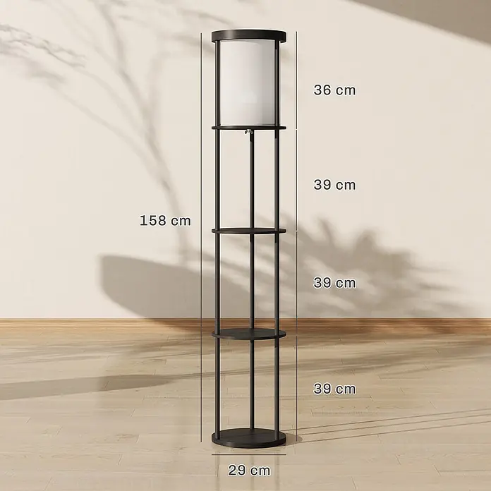 Homcom Stehleuchte - 40 W, Schwarz, Weiß, E27 - Schwarze Stehlampe aus Metall mit weißem zylindrischem Schirm und drei runden Ablagen. 158 cm hoch, 29 cm breit.