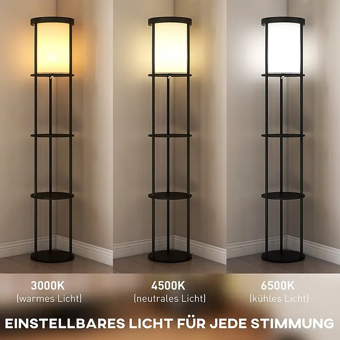 Homcom Stehleuchte - 40 W, Schwarz, Weiß, E27 - Schwarze Standleuchte mit Regalen und weißem Schirm, zeigt 3 Lichtfarben (3000K, 4500K, 6500K).