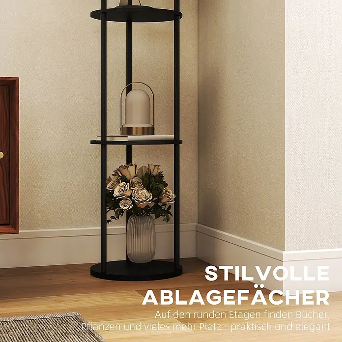 Homcom Stehleuchte - 40 W, Schwarz, Weiß, E27 - Hohes, schwarzes Metallregal mit runden Ablagen, stilvoll dekoriert mit Blumen und einer Lampe. Praktische Aufbewahrung.