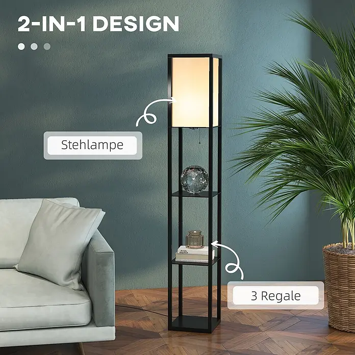 Homcom Stehleuchte - 40 W, Höhe: 160 cm, Schwarz, Weiß, E27 - Schwarze Stehlampe mit weißem Schirm und drei Ablagen, steht im Wohnzimmer neben einem Sofa.