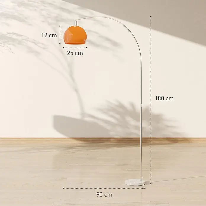 Homcom Stehleuchte - 40 W, Höhe: 190 cm, Silber, Orange, E27 - Hohe Bogen-Stehlampe mit orangefarbenem Kuppelschirm, weißem Metallgestell und Marmorsockel.