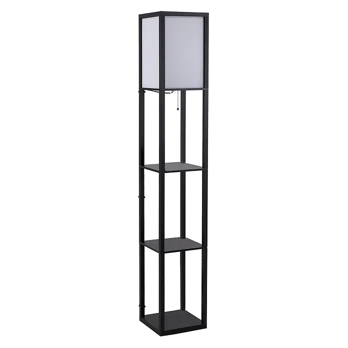Homcom Stehleuchte - 40 W, Höhe: 160 cm, Schwarz, Weiß, E27 - Hohe Stehlampe aus schwarzem Holz mit integriertem Regal und weißem Stoffschirm, bedienbar per Zugkette.