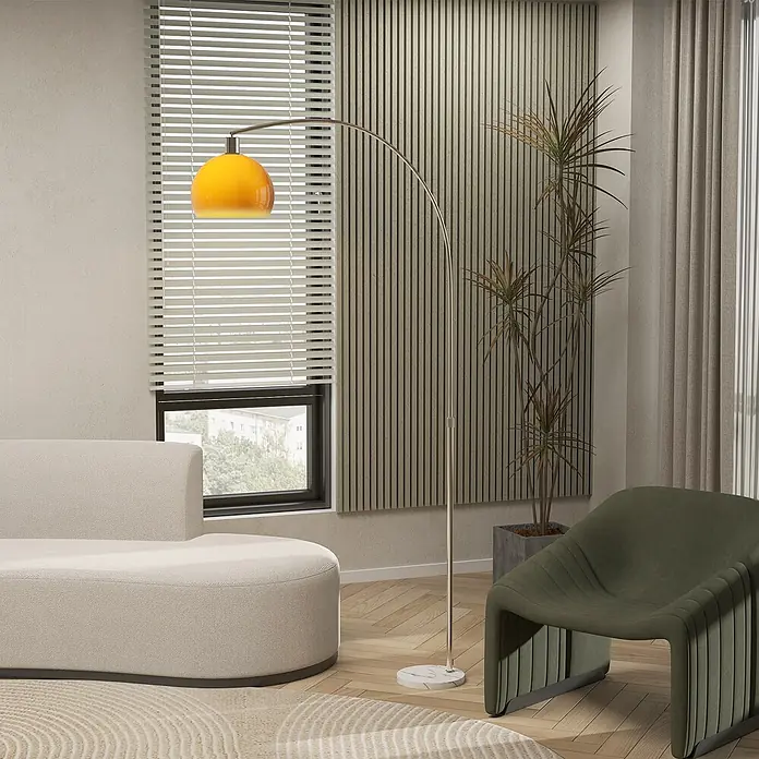 Homcom Stehleuchte - 40 W, Höhe: 190 cm, Silber, Orange, E27 - Moderne Bogenstehlampe mit leuchtend orangefarbenem Glasschirm und schlankem Silbergestell auf Marmorsockel.