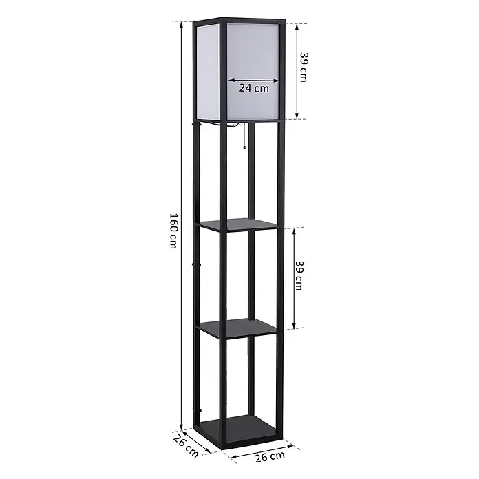 Homcom Stehleuchte - 40 W, Höhe: 160 cm, Schwarz, Weiß, E27 - Große schwarze Holz-Stehlampe mit drei integrierten Regalböden und einem weißen quadratischen Stoffschirm.