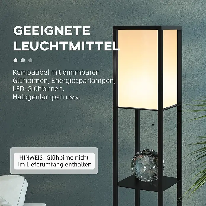 Homcom Stehleuchte - 40 W, Höhe: 160 cm, Schwarz, Weiß, E27 - Schwarze Stehlampe mit integrierten Regalen, leuchtendem weißem Lampenschirm und einer Kristallkugel auf einem Regal, in einem Wohnzimmer.