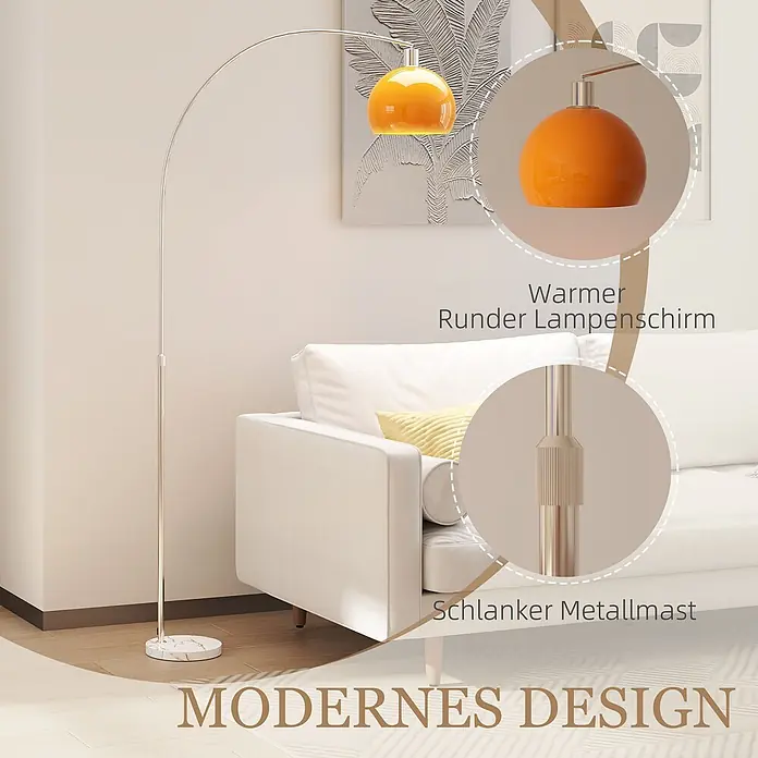 Homcom Stehleuchte - 40 W, Höhe: 190 cm, Silber, Orange, E27 - Moderne Bogenlampe mit orangefarbenem Kuppelschirm, schlankem Metallmast und weißem Marmorfuß, neben einem Sofa.