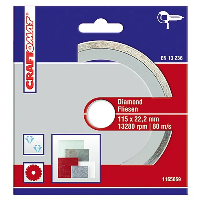 Craftomat Disco de corte - Diámetro: 125 mm, Orificio: 22,2 mm - Imagen de un disco de corte de diamante CRAFTOMAT para cortar baldosas, 115 x 22,2 mm, 13280 rpm, 80 m/s, según EN 13 236.