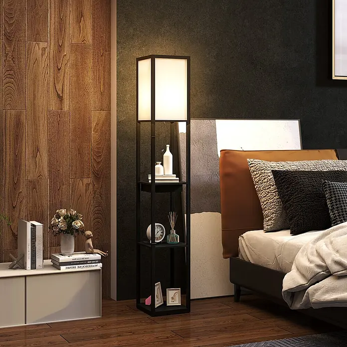 Homcom Stehleuchte - 40 W, Höhe: 159 cm, Schwarz, Weiß, E27 - Schwarze Stehlampe mit integrierten Regalen, spendet Licht und Stauraum im Schlafzimmer.