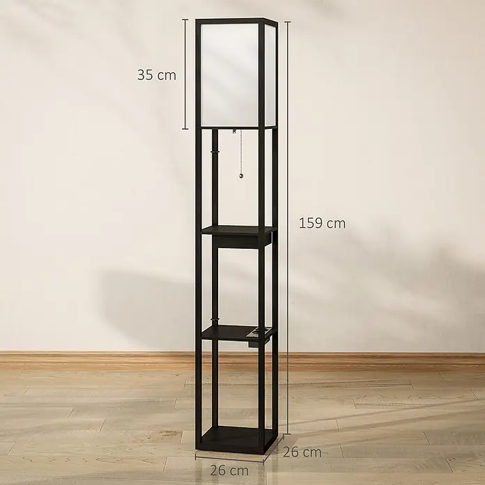 Homcom Stehleuchte - 40 W, Höhe: 159 cm, Schwarz, Weiß, E27 - Schwarze Stehlampe mit Regalen und quadratischem Lampenschirm, 159 cm hoch, 26x26 cm Basis. Modernes Design bietet Licht und Stauraum.