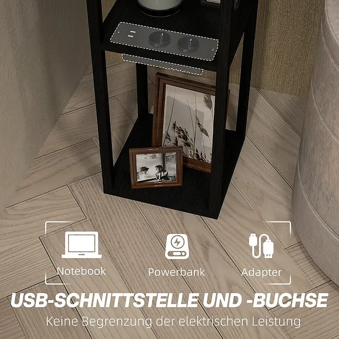 Homcom Stehleuchte - 40 W, Höhe: 159 cm, Schwarz, Weiß, E27 - Schwarzer Beistelltisch mit integrierten USB-Anschlüssen und Steckdosen, im Raum zur Gerätaufladung dargestellt.