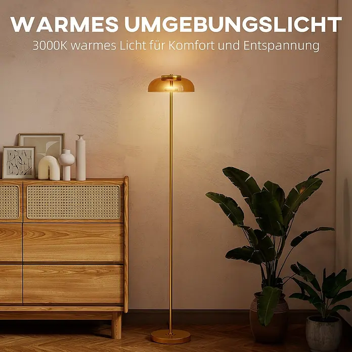 Homcom Stehleuchte - 5 W, Höhe: 134 cm, Messing, Hellbraun, E27 - Eine goldene Stehlampe mit bernsteinfarbenem Schirm strahlt warmes 3000K Licht aus und schafft eine gemütliche Atmosphäre.