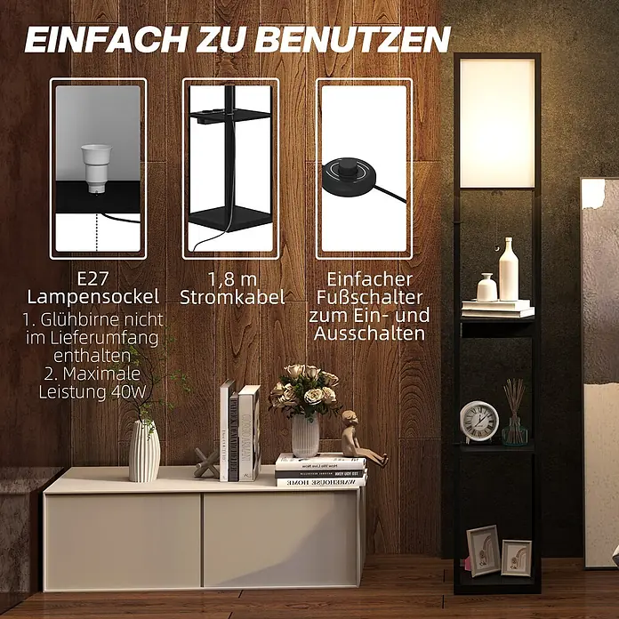Homcom Stehleuchte - 40 W, Höhe: 159 cm, Schwarz, Weiß, E27 - Schwarze Stehlampe mit Regalen, E27-Fassung, 1,8 m Kabel und Fußschalter. Glühbirne nicht enthalten, max. 40W.