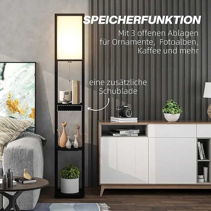 Homcom Stehleuchte - 40 W, Höhe: 159 cm, Schwarz, Weiß, E27 - Schwarze Stehlampe mit hellem Stoffschirm, drei offenen Ablagen und einer zusätzlichen Schublade für Stauraum und Beleuchtung im Wohnzimmer.