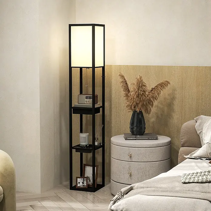 Homcom Stehleuchte - 40 W, Höhe: 159 cm, Schwarz, Weiß, E27 - Schwarze Stehlampe mit integrierten Regalen, spendet Licht und Stauraum im modernen Schlafzimmer.
