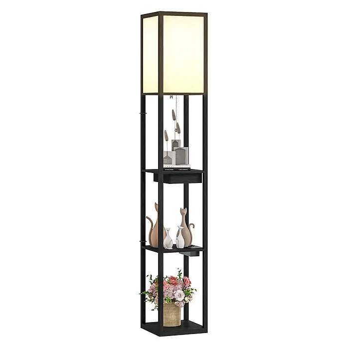 Homcom Stehleuchte - 40 W, Höhe: 159 cm, Schwarz, Weiß, E27 - Dunkle Holz-Stehlampe mit integrierten Regalen und cremefarbenem Lampenschirm, bietet Licht und Ablagefläche.
