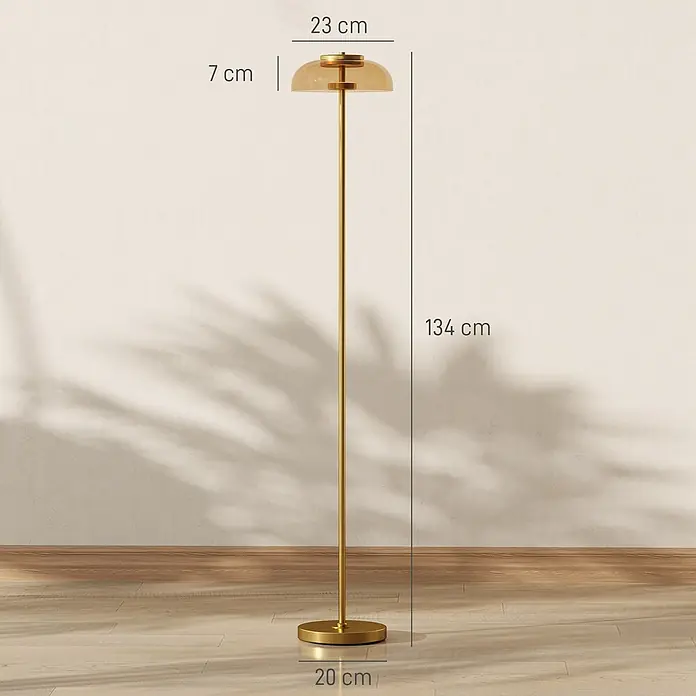 Homcom Stehleuchte - 5 W, Höhe: 134 cm, Messing, Hellbraun, E27 - Goldene Stehleuchte mit bernsteinfarbenem Glasschirm, 134 cm hoch, in einem modernen Raumambiente.