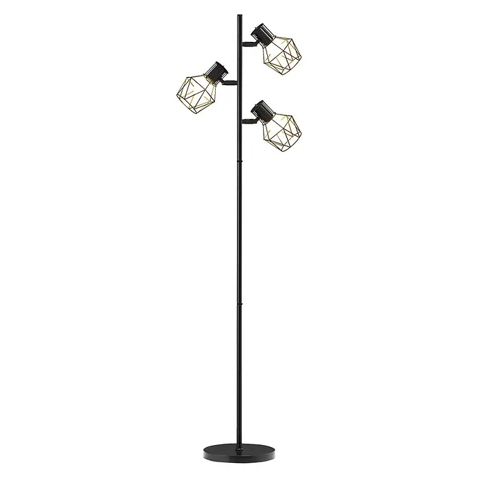 Homcom Stehleuchte - 40 W, Höhe: 169 cm, Schwarz, Schwarz, E27 - Schwarze Stehlampe aus Metall mit drei verstellbaren Leuchten und goldenen geometrischen Käfigschirmen.