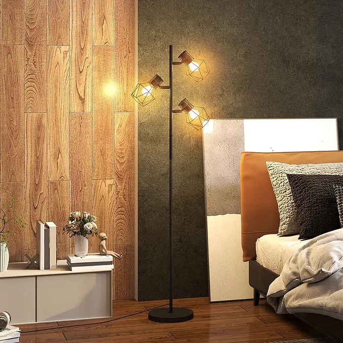 Homcom Stehleuchte - 40 W, Höhe: 169 cm, Schwarz, Schwarz, E27 - Hohe schwarze Stehlampe mit drei verstellbaren Metallkäfigleuchten, die ein warmes Licht in einem modernen Schlafzimmer spendet.