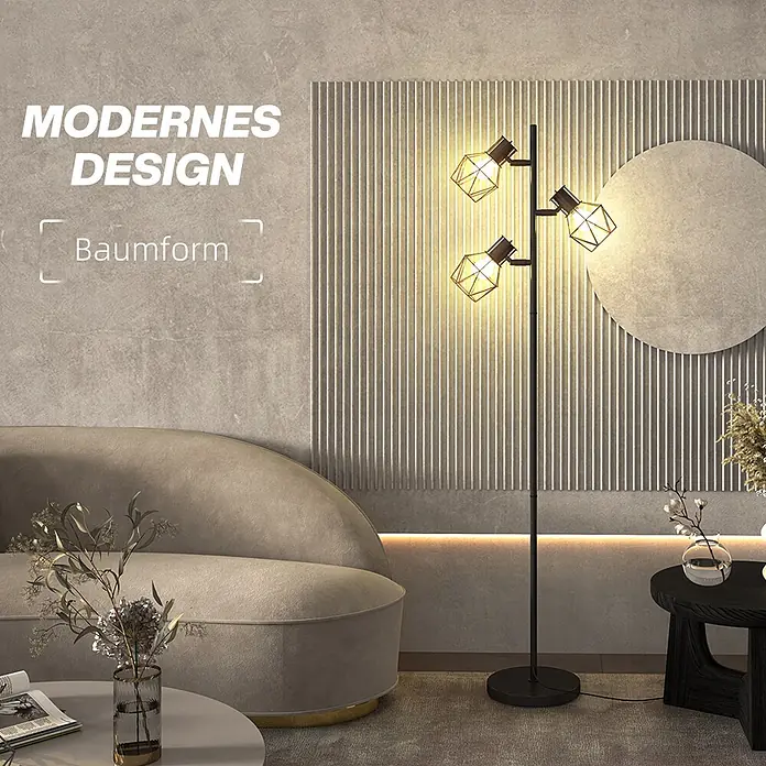 Homcom Stehleuchte - 40 W, Höhe: 169 cm, Schwarz, Schwarz, E27 - Moderne schwarze Stehlampe mit drei geometrischen Metallkäfig-Leuchten, die ein Wohnzimmer erhellt. Ihr Design erinnert an eine Baumform.