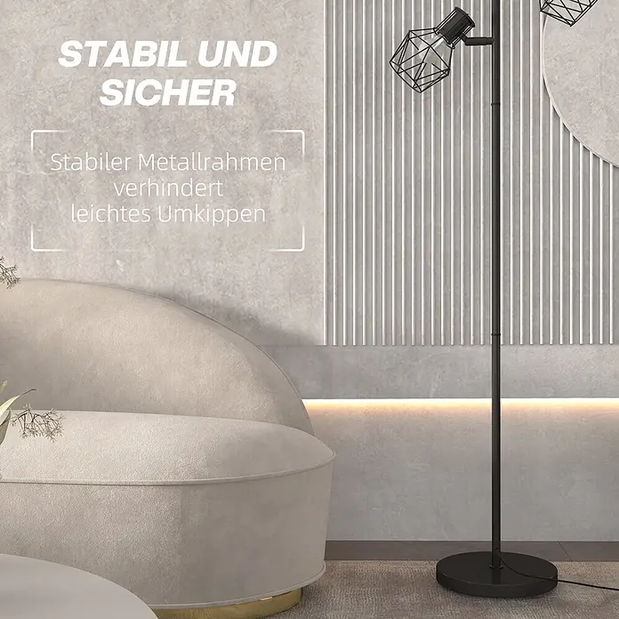 Homcom Stehleuchte - 40 W, Höhe: 169 cm, Schwarz, Schwarz, E27 - Schwarze Stehlampe aus Metall mit Käfigschirmen in einem modernen Raum. Stabiler Metallrahmen verhindert Umkippen.