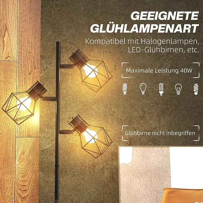 Homcom Stehleuchte - 40 W, Höhe: 169 cm, Schwarz, Schwarz, E27 - Schwarze Stehlampe mit drei Metallkäfig-Leuchten in einem Wohnraumambiente.