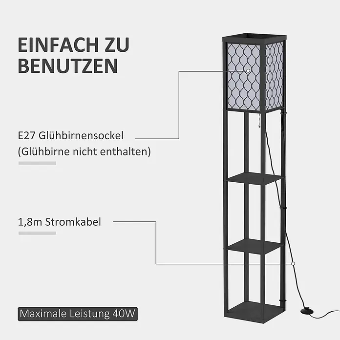 Homcom Stehleuchte - 40 W, Höhe: 160 cm, Schwarz, Weiß, Schwarz, E27 - Dunkelgraue Stehlampe mit Stoffschirm und 3 Ablagen. E27 Fassung (max. 40W), 1,8m Kabel, einfach zu benutzen.