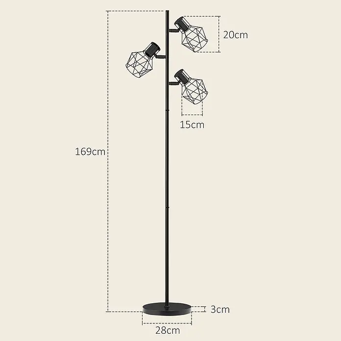 Homcom Stehleuchte - 40 W, Höhe: 169 cm, Schwarz, Schwarz, E27 - Schwarze Metall-Stehlampe, 169cm hoch, mit drei verstellbaren Drahtkäfig-Leuchtenköpfen. Industrieller Stil.