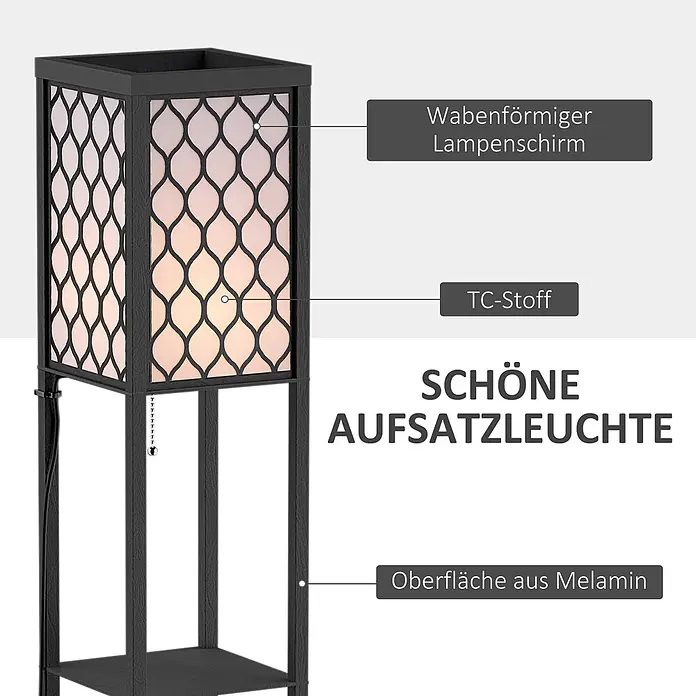 Homcom Stehleuchte - 40 W, Höhe: 160 cm, Schwarz, Weiß, Schwarz, E27 - Schwarze Stehlampe mit wabenförmigem TC-Stoff-Lampenschirm und melaminbeschichtetem Gestell mit Ablage.