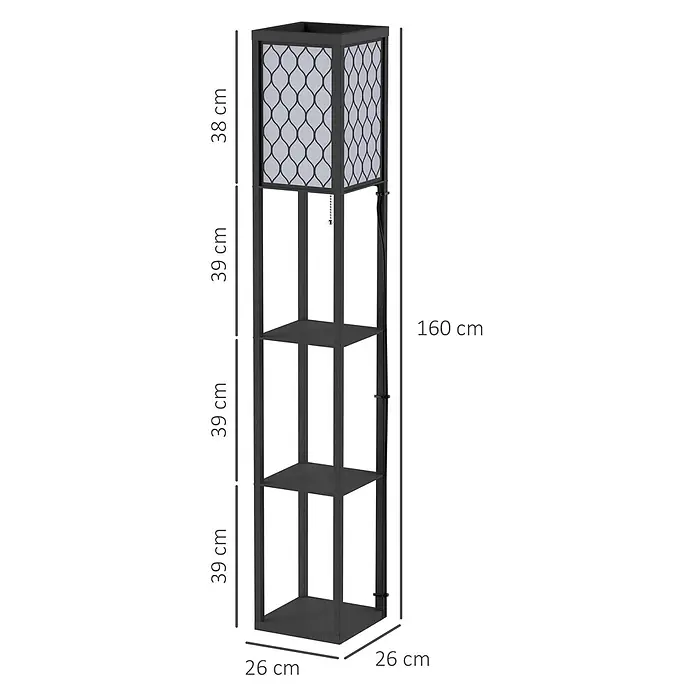Homcom Stehleuchte - 40 W, Höhe: 160 cm, Schwarz, Weiß, Schwarz, E27 - Hohe, dunkle Stehlampe mit gemustertem Schirm und drei integrierten Regalböden.