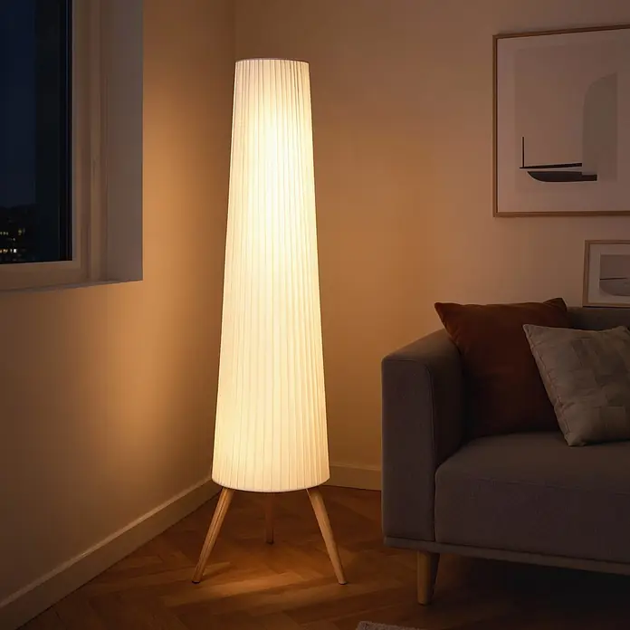 Homcom Stehleuchte - 10,5 W, Höhe: 153 cm, Holz, Weiß, E27 - Stehleuchte aus plissiertem Stoff mit Holzbeinen beleuchtet ein gemütliches Wohnzimmer bei Nacht, neben einem Sofa.