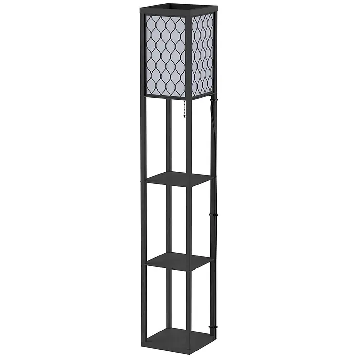 Homcom Stehleuchte - 40 W, Höhe: 160 cm, Schwarz, Weiß, Schwarz, E27 - Schwarze Stehlampe mit drei Regalböden und quadratischem Lampenschirm mit weißer Stoffbahn und schwarzem Gittermuster.