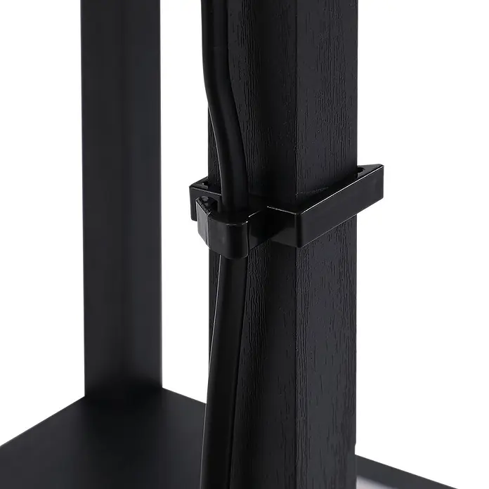 Homcom Stehleuchte - 40 W, Höhe: 160 cm, Schwarz, Weiß, Schwarz, E27 - Schwarze Kabel, befestigt mit einer schwarzen Kunststoffklammer an einem schwarzen, holzstrukturierten Vierkantpfosten, Teil eines Ständers.