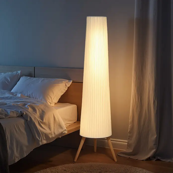 Homcom Stehleuchte - 10,5 W, Höhe: 153 cm, Holz, Weiß, E27 - Hohe Stehleuchte mit weißem Plisseeschirm und Holz-Dreibeinfüßen, spendet warmes Licht in einem Schlafzimmer.