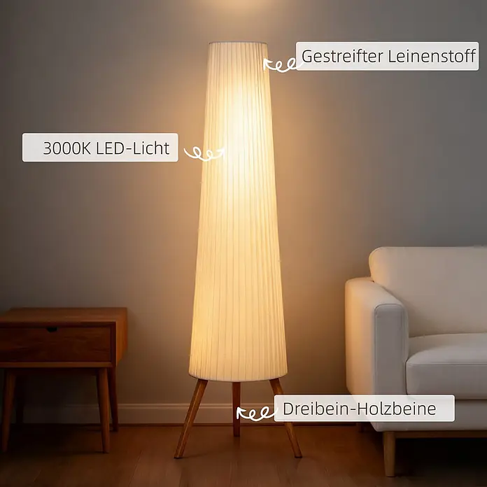Homcom Stehleuchte - 10,5 W, Höhe: 153 cm, Holz, Weiß, E27 - Plissierte Leinen-Stehleuchte mit Dreibein-Holzbeinen, die warmes 3000K LED-Licht spendet.