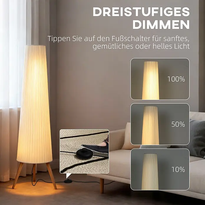Homcom Stehleuchte - 10,5 W, Höhe: 153 cm, Holz, Weiß, E27 - Stehleuchte mit plissiertem Schirm und Holzbeinen, die dreistufiges Dimmen (100%, 50%, 10%) über einen Fußschalter im Wohnzimmer zeigt.