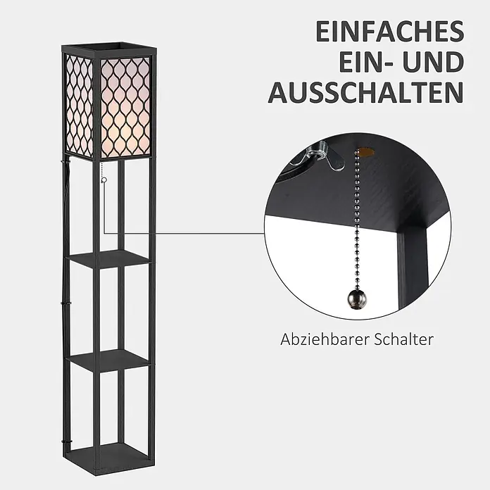Homcom Stehleuchte - 40 W, Höhe: 160 cm, Schwarz, Weiß, Schwarz, E27 - Schwarze Stehlampe mit Ablagefächern und gemustertem Schirm, ausgestattet mit einem praktischen Zugschalter für einfaches Ein- und Ausschalten.