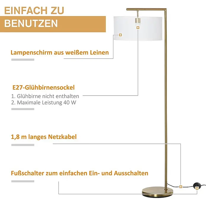 Homcom Stehleuchte - 40 W, Höhe: 153 cm, Gold, Weiß, E27 - Goldene Stehlampe mit weißem Leinen-Lampenschirm, E27-Fassung und Fußschalter.