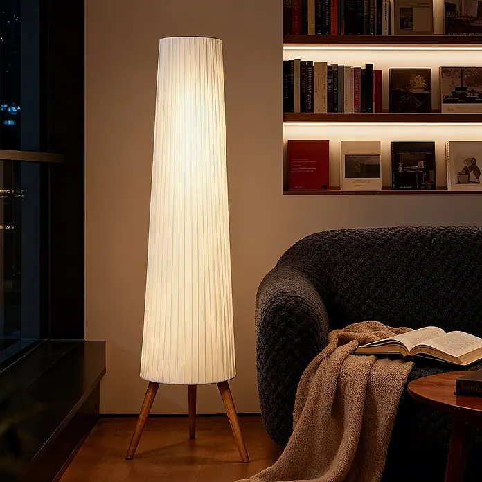 Homcom Stehleuchte - 10,5 W, Höhe: 153 cm, Holz, Weiß, E27 - Hohe, plissierte Stehleuchte mit Holzbeinen, beleuchtet eine gemütliche Leseecke neben Sofa und Bücherregal.